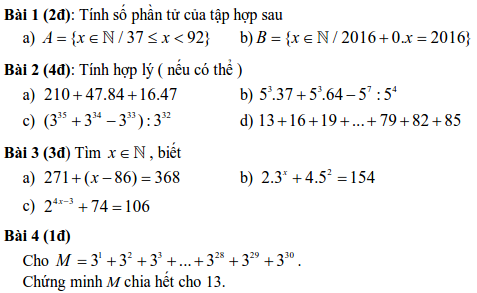 Đề kiểm tra Đại số 6 chương 1 THCS Nguyễn Du quận 1