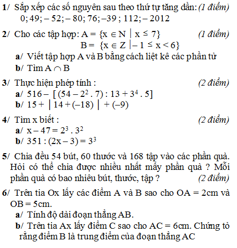 Đề kiểm tra môn Toán lớp 6 học kì 1 có đáp án-1