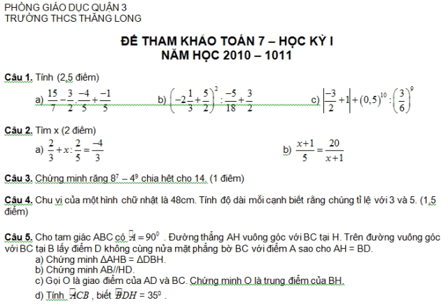 Đề kiểm tra Toán 7 học kì 1 THCS Thăng Long quận 3-1