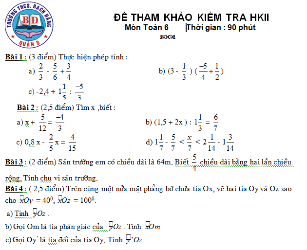 Đề tham khảo kiểm tra Toán 6 HK2 THCS Bạch Đằng quận 3-1