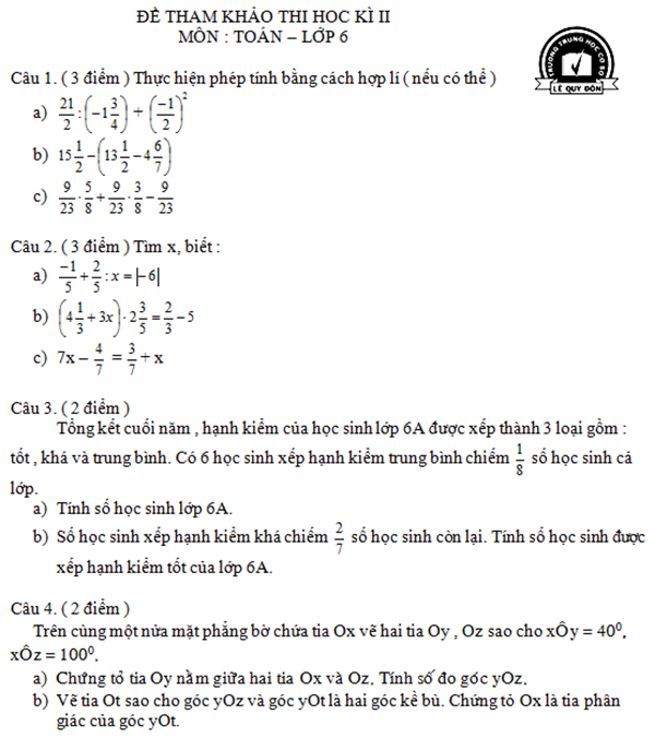 Đề tham khảo môn Toán 6 HK2 trường THCS Lê Quý Đôn
