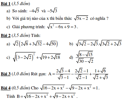 10 Đề kiểm tra Đại số 9 chương 1-8