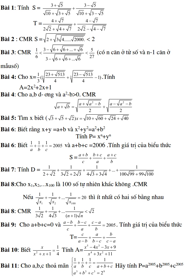 Dạng bài tập tính giá trị biểu thức - Đại số 9-2