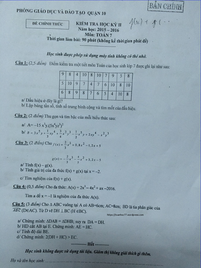 Đề kiểm tra học kỳ 2 môn Toán lớp 7 quận 10 năm 2015 – 2016
