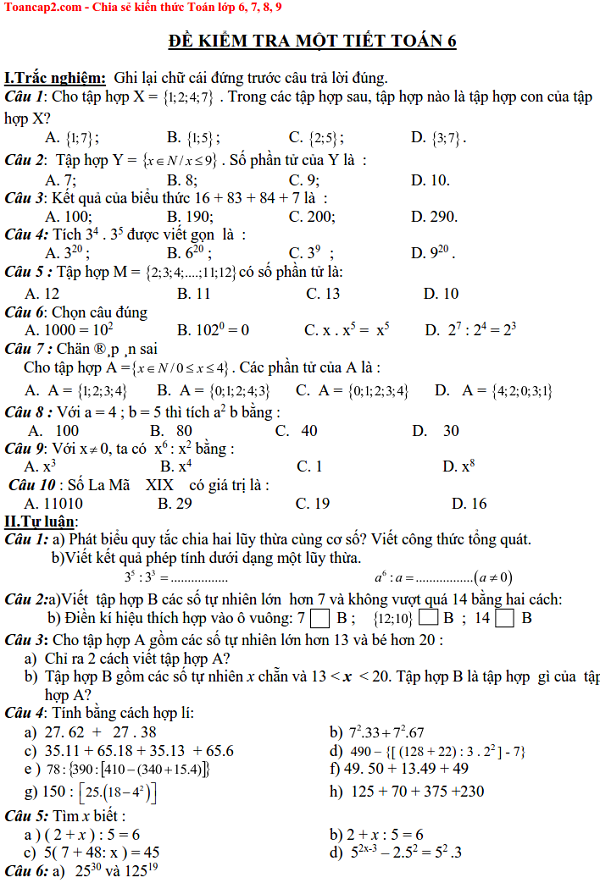 Đề kiểm tra một tiết Toán 6 trắc nghiệm và tự luận