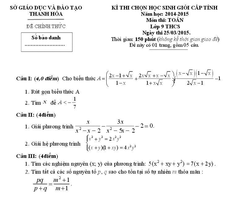Đề thi chọn đội tuyển học sinh giỏi cấp tỉnh Thanh Hóa môn Toán 9 năm 2014-2015-1
