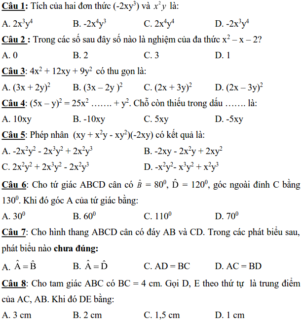 Đề thi KSCL đầu năm Toán 8 THCS Cao Viên 2016 - 2017