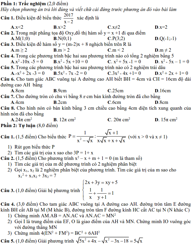 Đề thi tuyển sinh vào 10 môn Toán tỉnh Nam Định 2017 - 2018 có lời giải
