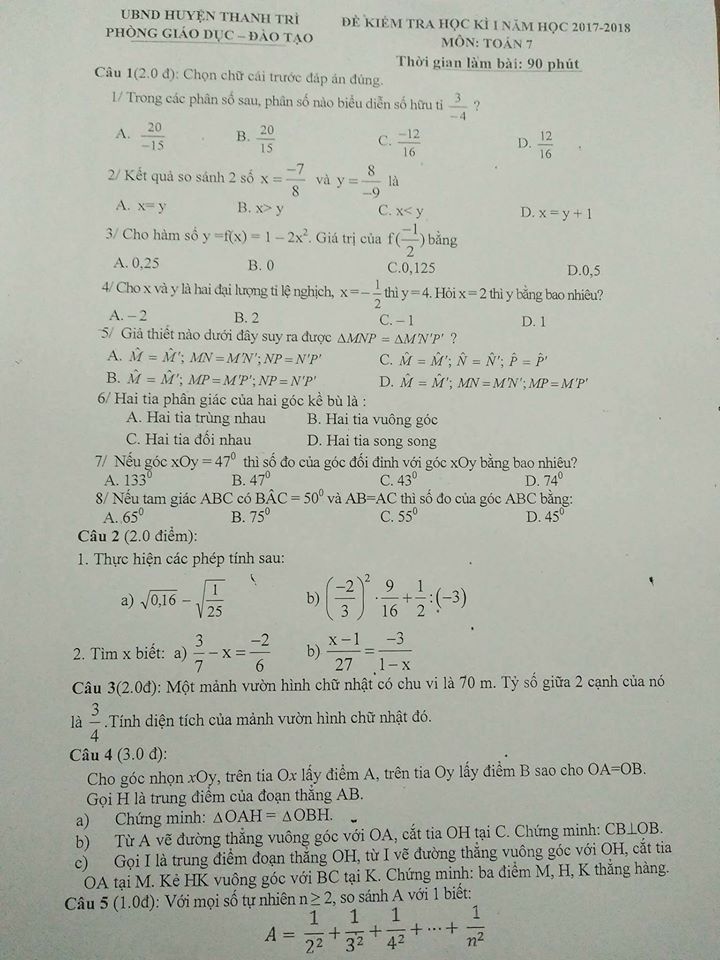 Đề kiểm tra học kì 1 môn Toán 7 huyện Thanh Trì năm học 2017 - 2018-1