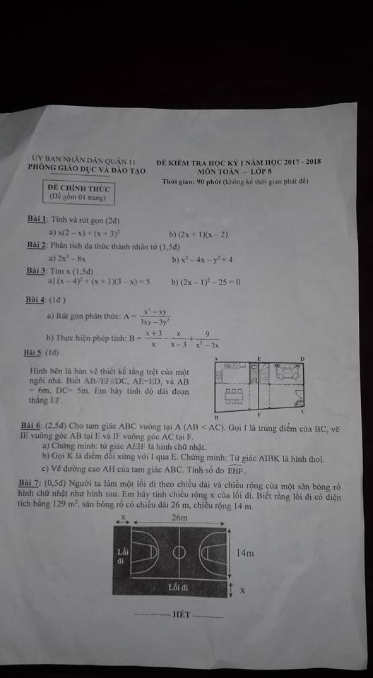 Đề kiểm tra học kì 1 môn Toán 8 quận 11 năm học 2017 - 2018-1
