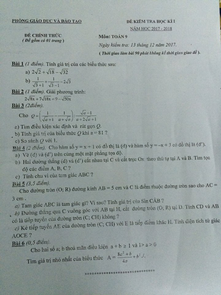 Đề kiểm tra học kì 1 môn Toán 9 huyện Đông Anh năm 2017 - 2018-1