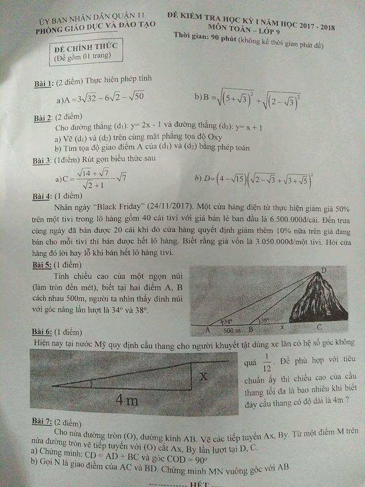 Đề kiểm tra học kì 1 môn Toán 9 quận 11 năm học 2017 - 2018-1