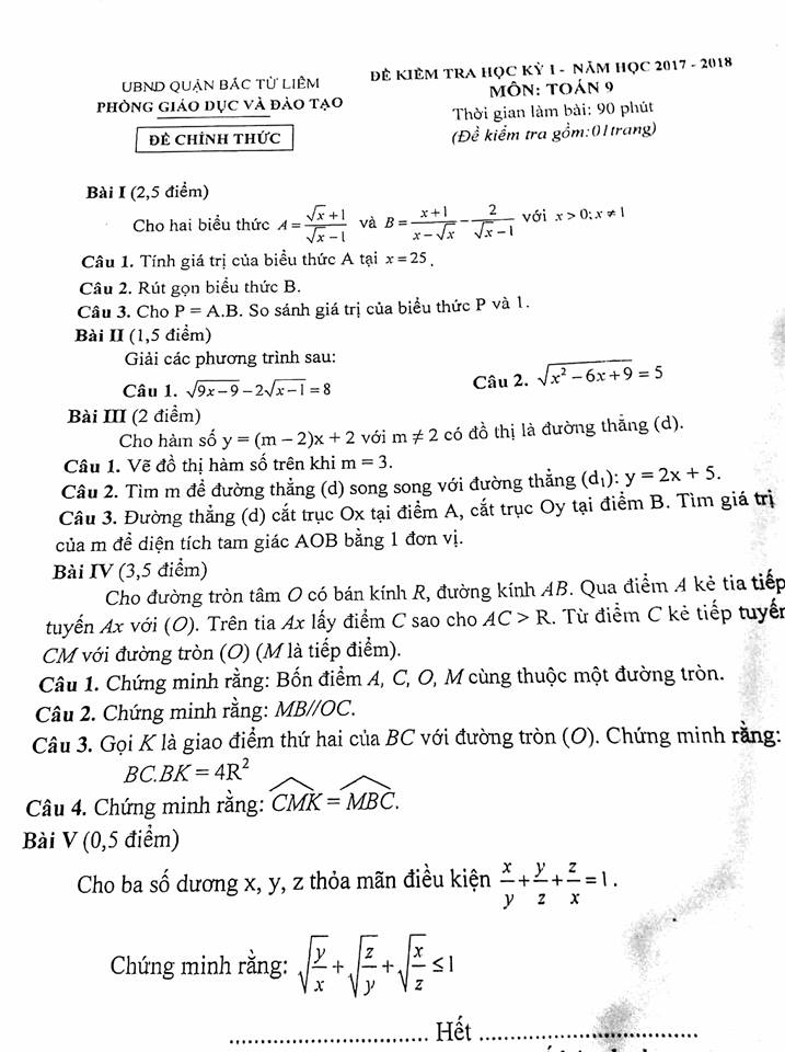 Đề kiểm tra học kì 1 môn Toán 9 quận Bắc Từ Liêm năm 2017 - 2018-1