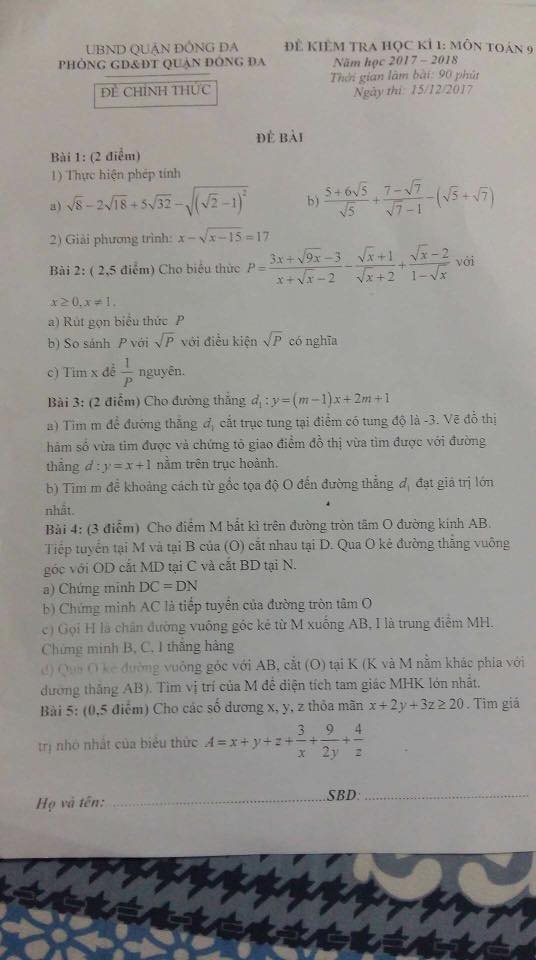 Đề kiểm tra học kì 1 môn Toán 9 quận Đống Đa năm 2017 - 2018-1