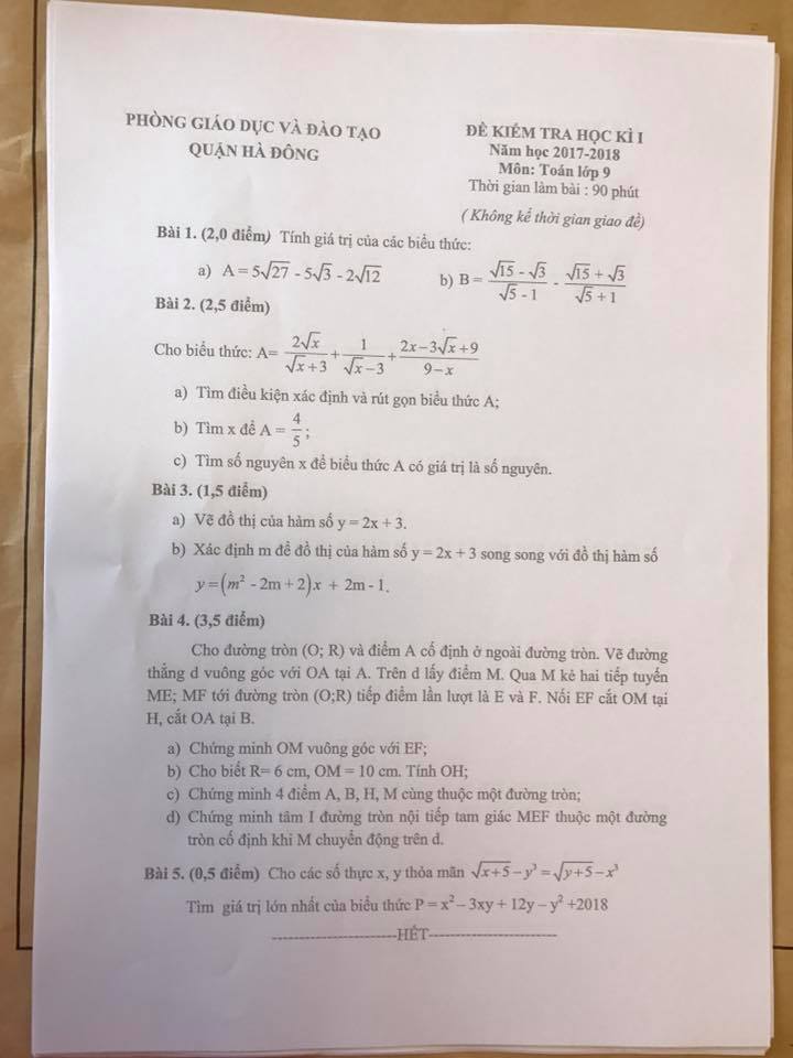 Đề kiểm tra học kì 1 môn Toán 9 quận Hà Đông năm 2017 - 2018-1