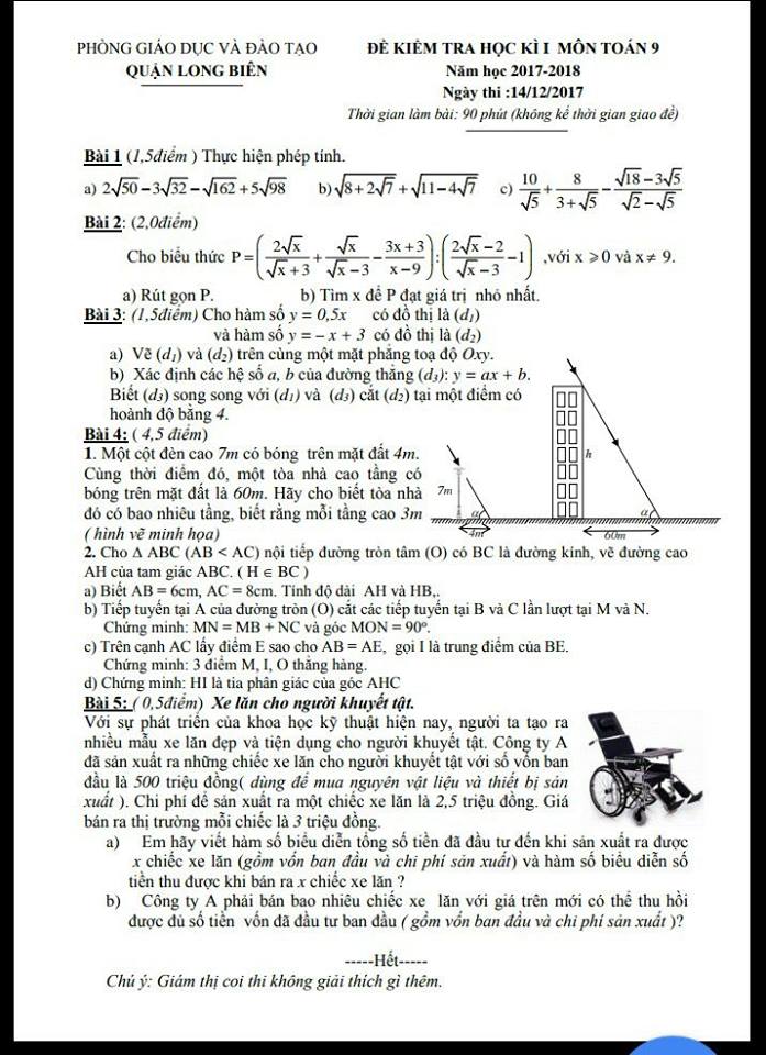 Đề kiểm tra học kì 1 môn Toán 9 quận Long Biên năm học 2017 - 2018-1