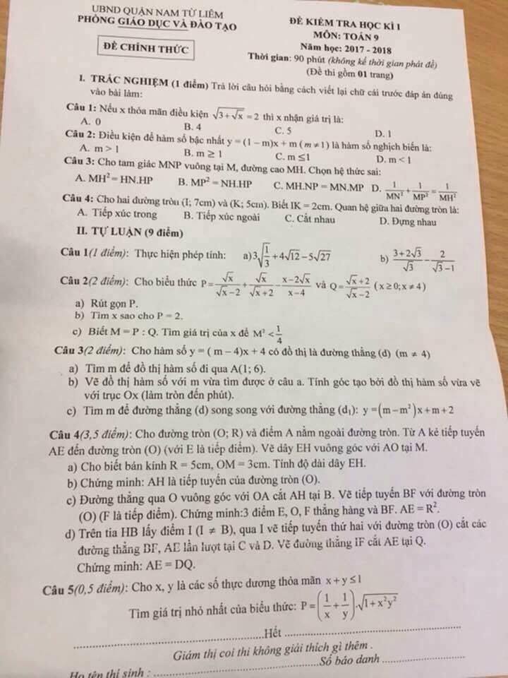 Đề kiểm tra học kì 1 môn Toán 9 quận Nam Từ Liêm năm 2017 - 2018-1