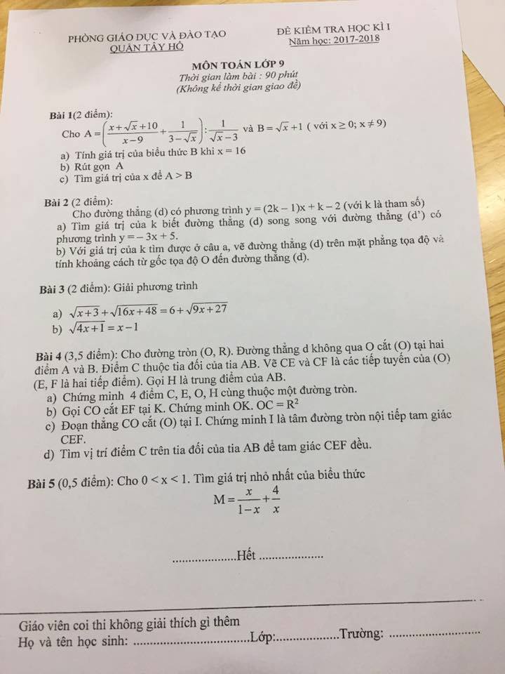 Đề kiểm tra học kì 1 môn Toán 9 quận Tây Hồ năm học 2017 - 2018-1