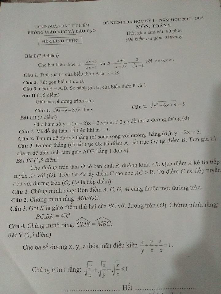 Đề kiểm tra Toán 9 HK1 quận Bắc Từ Liêm năm 2017 - 2018