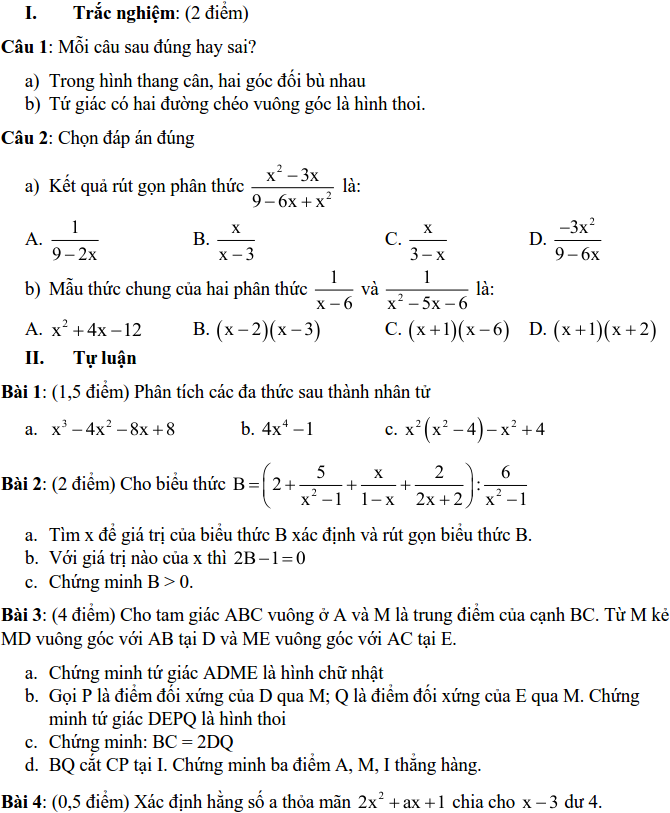 Đề thi học kì 1 môn Toán 8 THCS Nguyễn Trường Tộ năm học 2016 - 2017