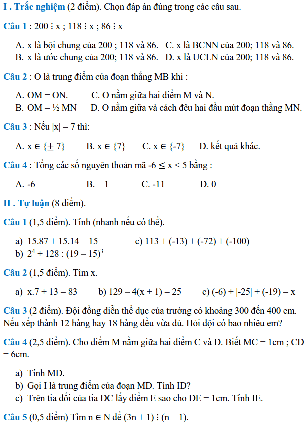 Đề thi học kì 1 Toán 6 THCS Cát Linh - Đống Đa năm học 2013 - 2014-1