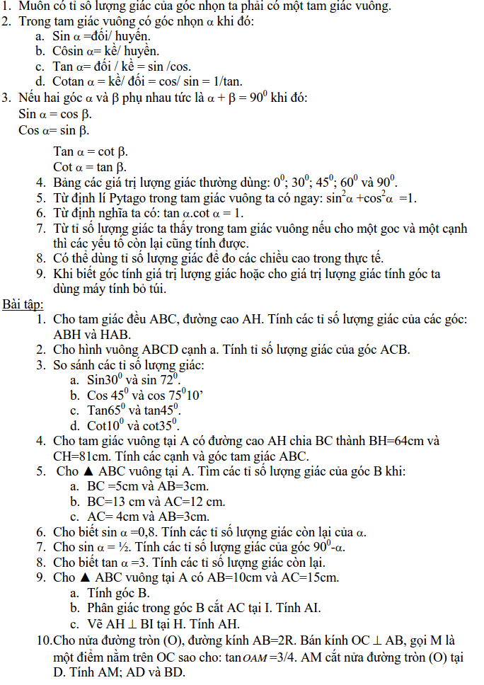 Ôn tập: Tỉ số lượng giác của góc nhọn