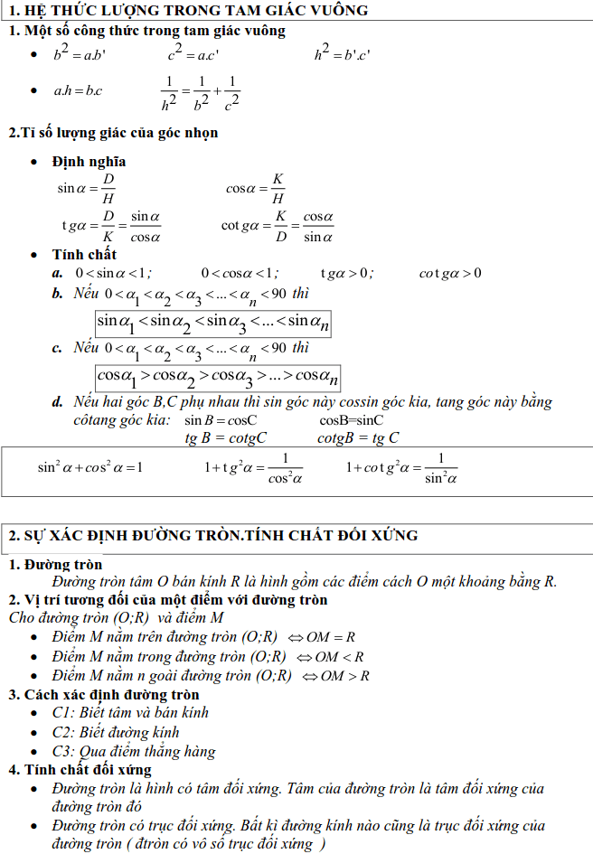 Tổng hợp lý thuyết Hình học lớp 9-1