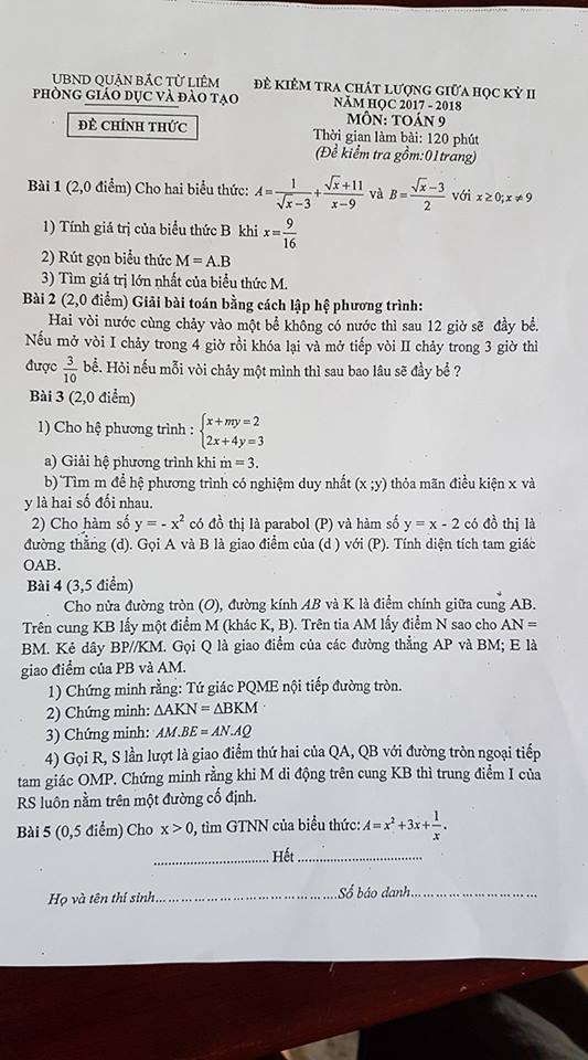 Đề kiểm tra giữa HK2 môn Toán 9 quận Tây Hồ năm 2017-2018-1